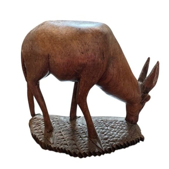 Hand-Carved Wooden Grazing Deer Figurine Sculpture - Picture 4 of 9